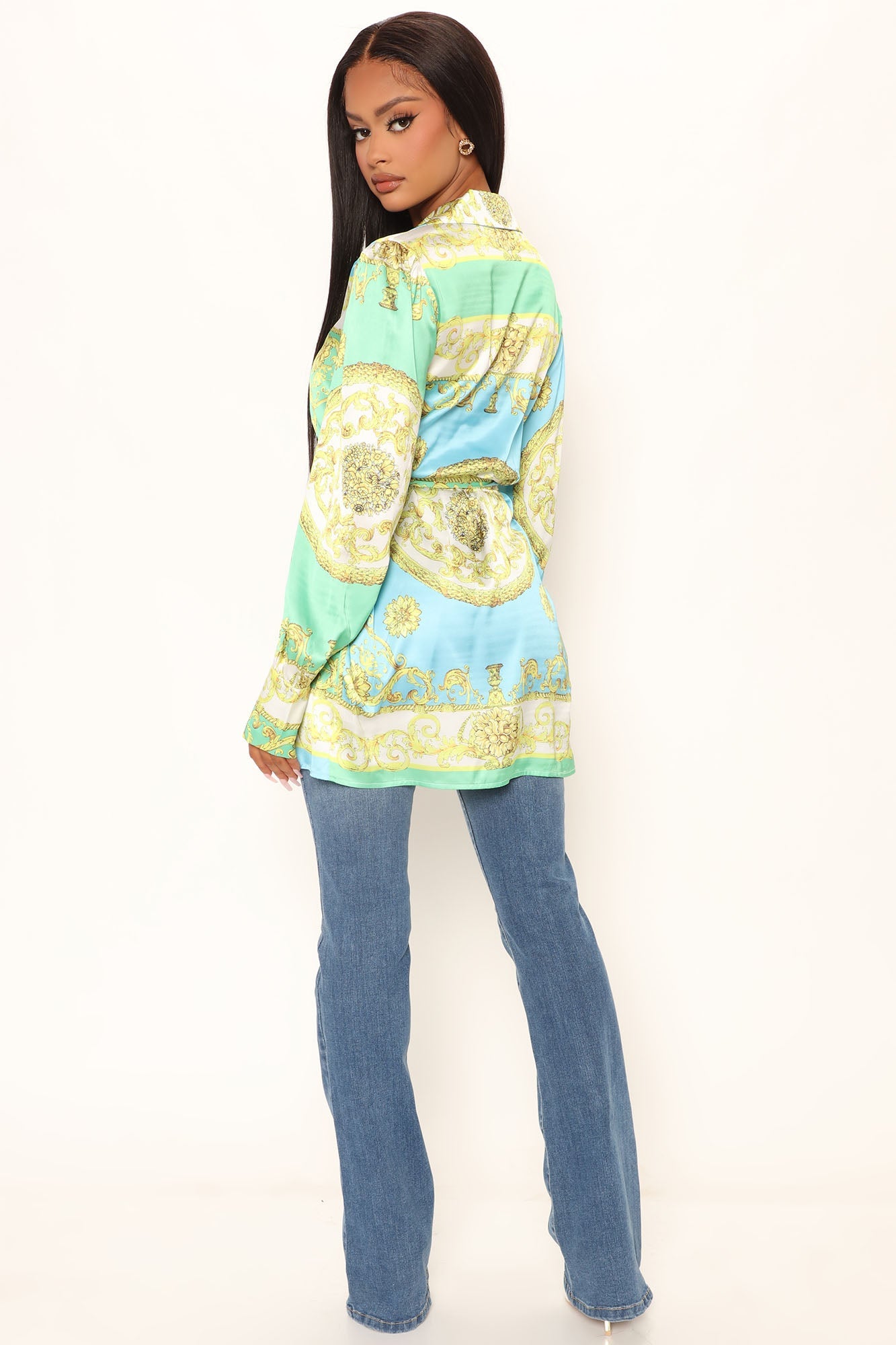 Raya übergroßes Satinhemd - Blau/Kombination