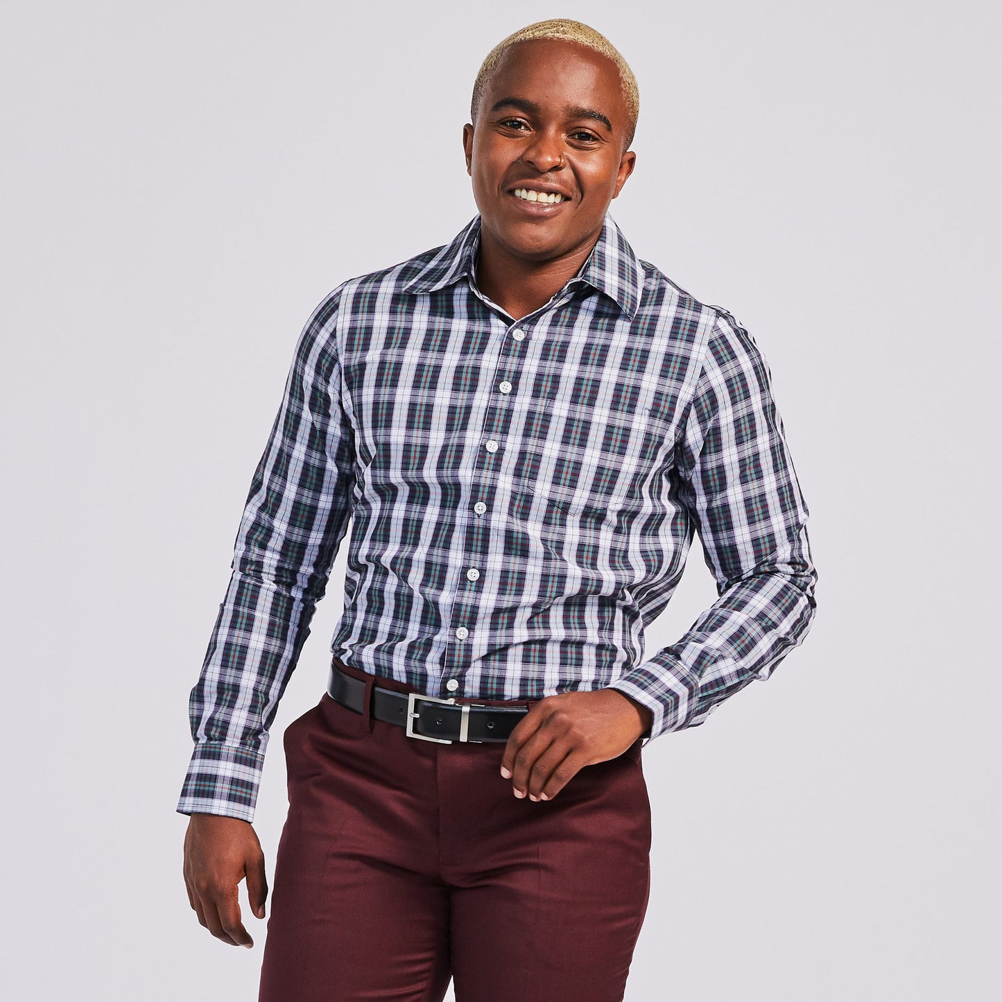 White and Green Plaid Point Collar Shirt
