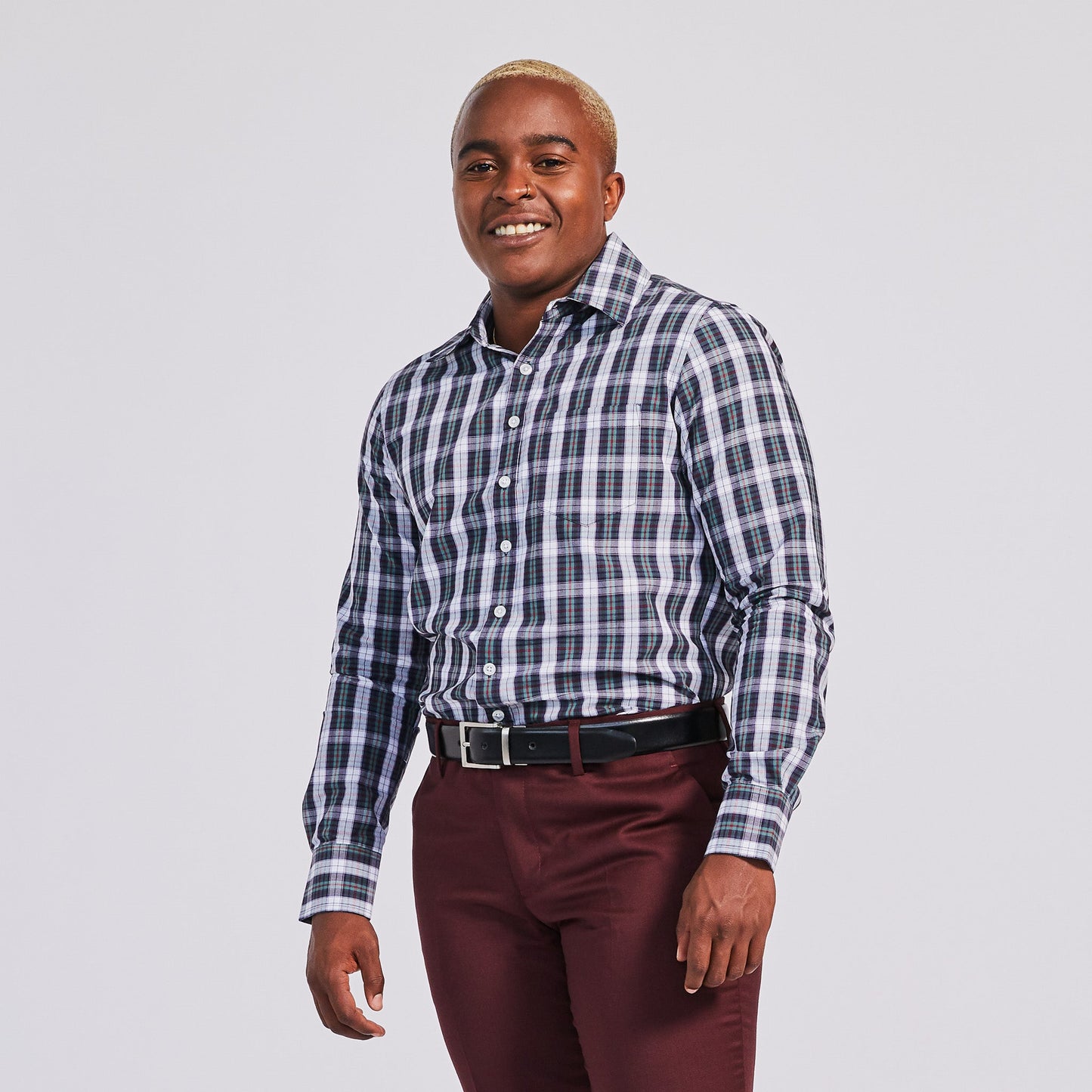 White and Green Plaid Point Collar Shirt