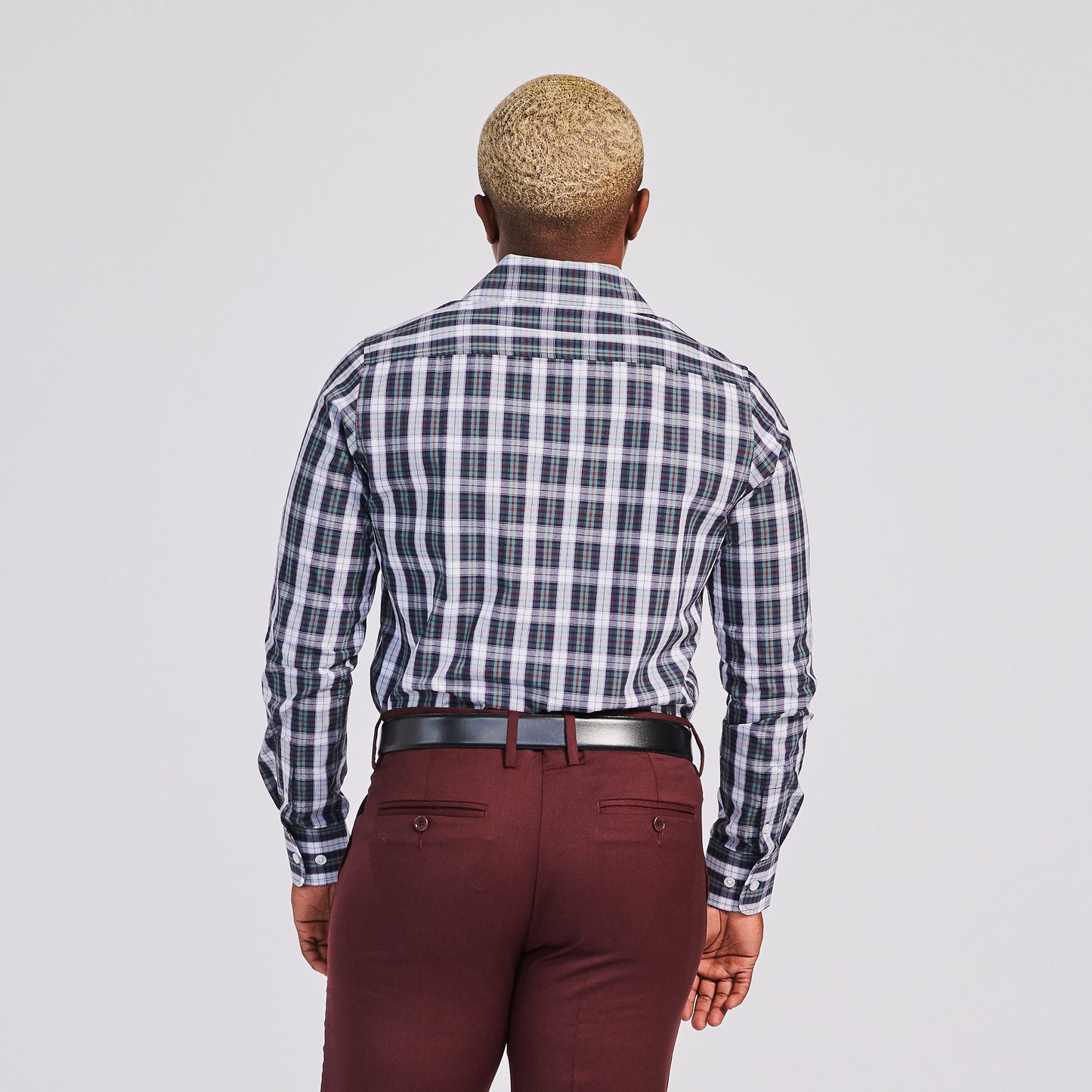 White and Green Plaid Point Collar Shirt