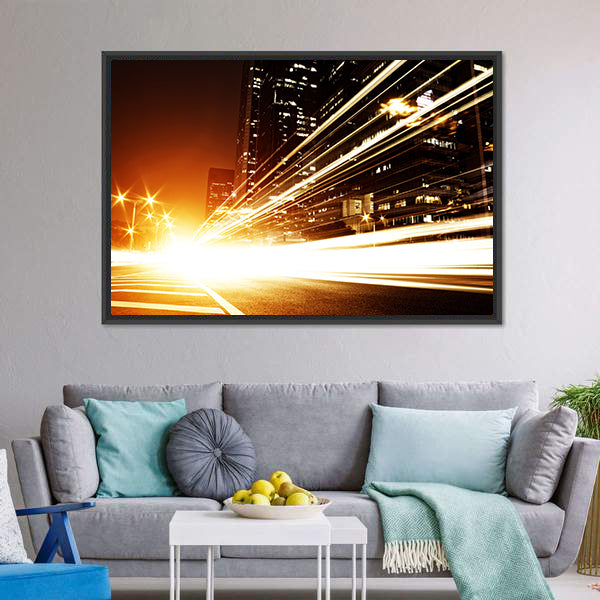 High Speed Cars At Night Canvas Wall Art