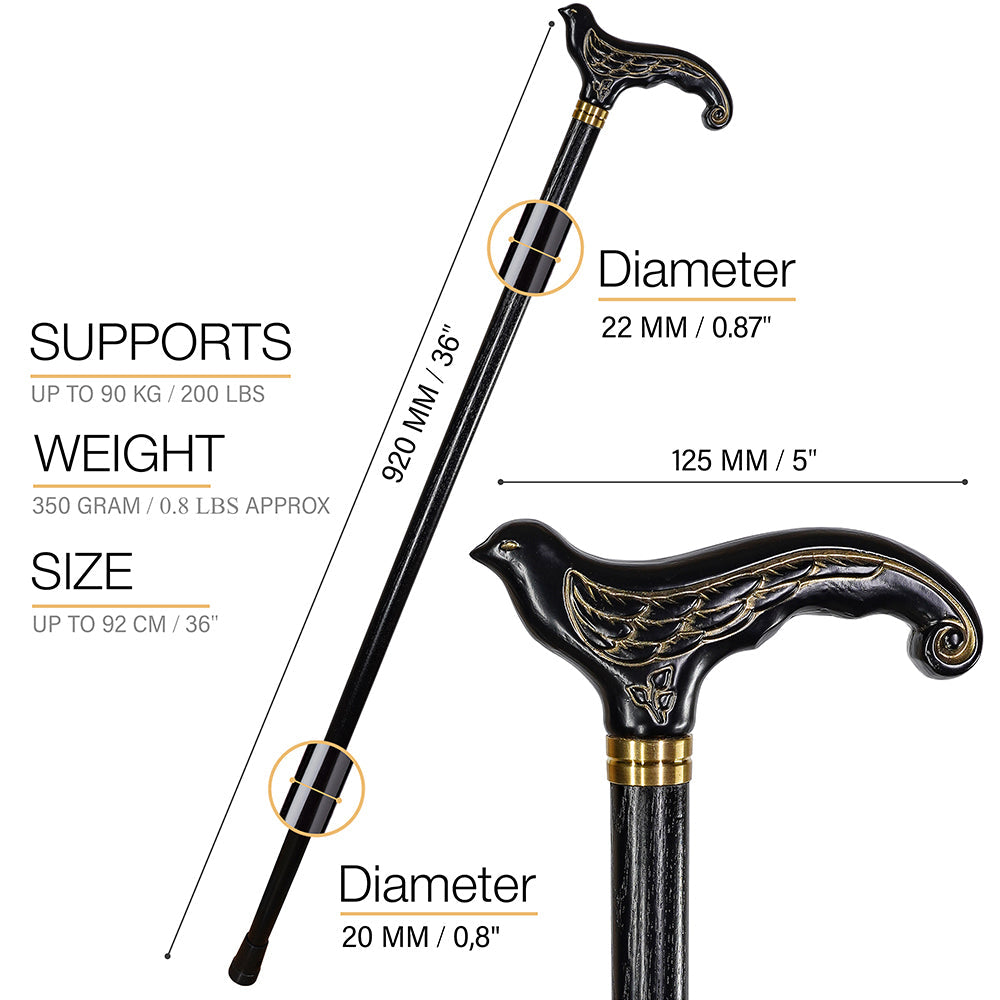 Swallow Black Artisan Intricate Handcarved Cane