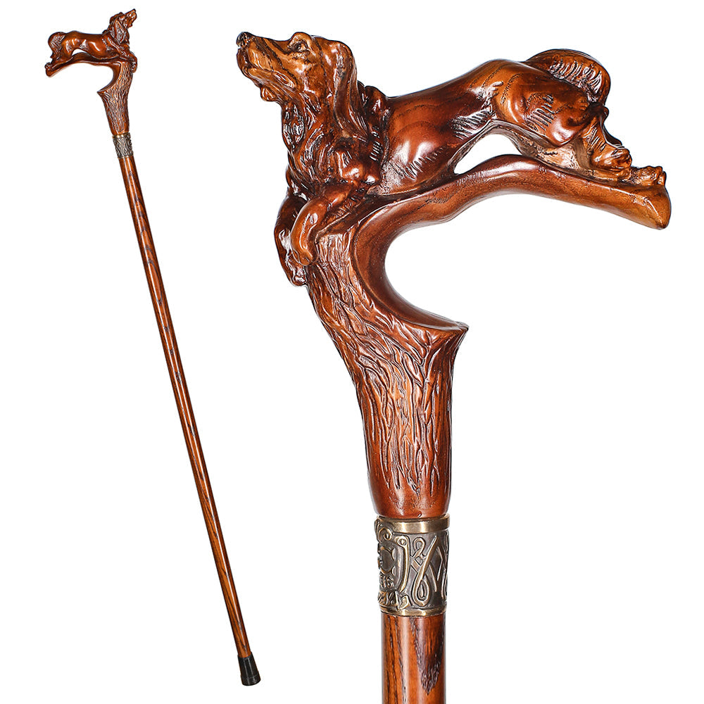 Spaniel Dog Dark Wood Artisan Intricate Handcarved Cane