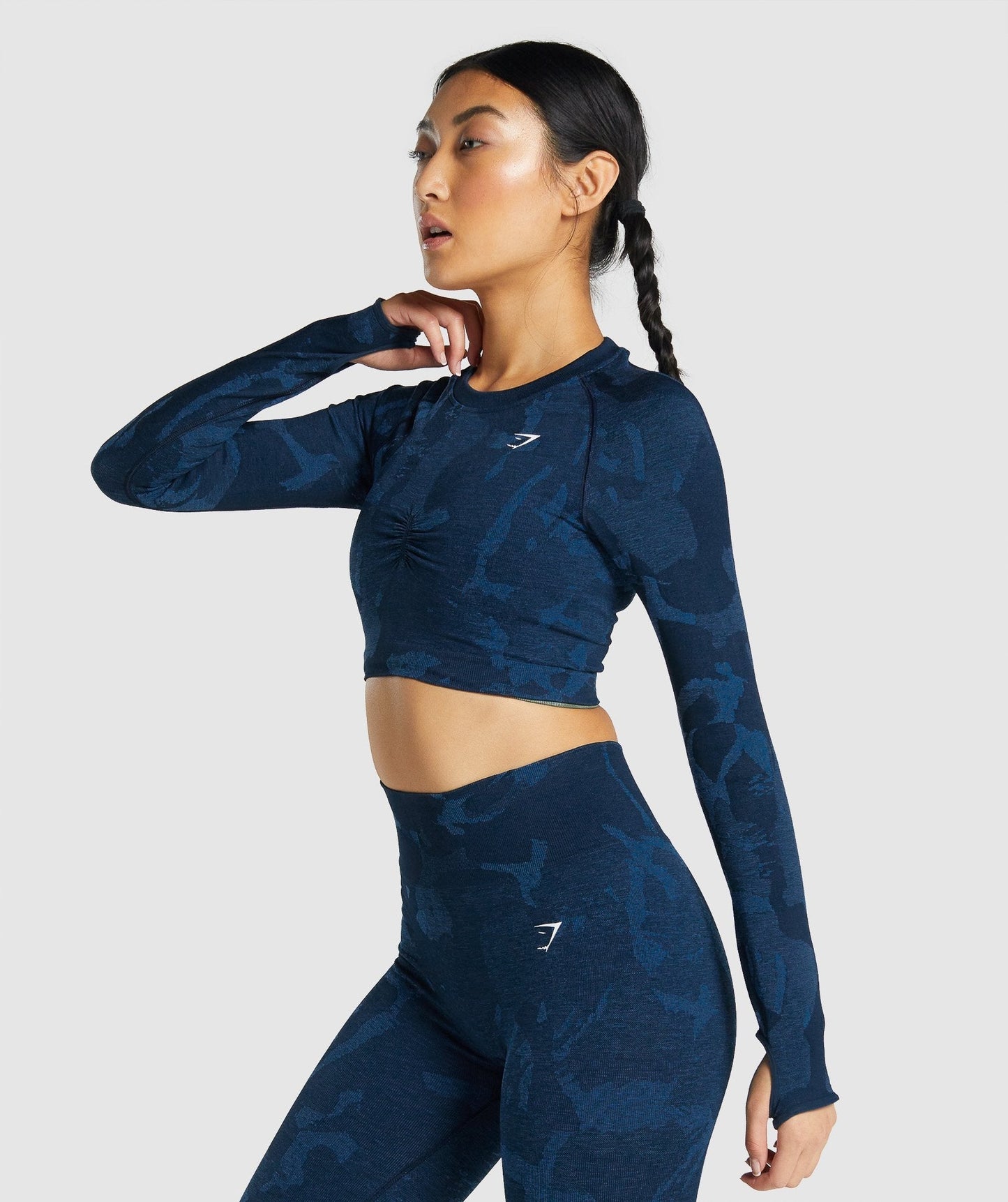 Gymshark Adapt Camo Seamless Long Sleeve Crop Top - Savanna | Navy