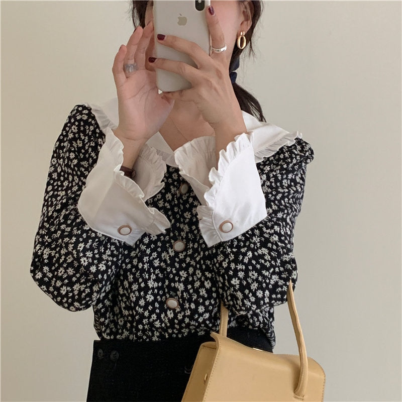 Alien Kitty Romance Print-Floral 2021 Ruffles Vintage Plus Feminine Elegant Chic Loose Casual Fashion Sweet All-Match Shirts