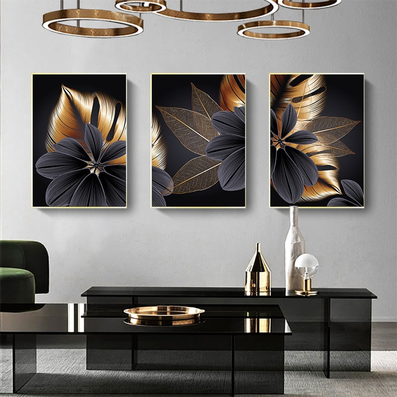 Schwarz Goldene Pflanze Blatt Leinwand Poster Drucken Moderne Wohnkultur Abstrakte Wand Kunst Malerei Nordic Wohnzimmer Dekoration Bild