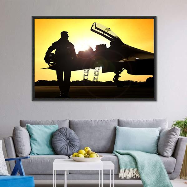 Military Pilot On Airfield Canvas Wall Art-3 Horizontal-Gallery Wrap-25" x 16"-Tiaracle