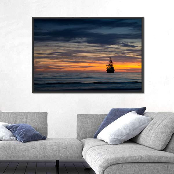 Pirate Ship At Sunset Canvas Wall Art-3 Horizontal-Gallery Wrap-25" x 16"-Tiaracle