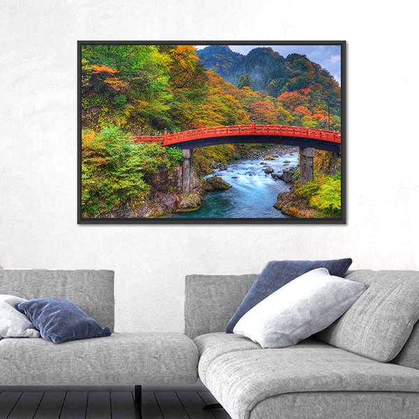 River With Shinkyo Bridge In Nikko Canvas Wall Art-3 Horizontal-Gallery Wrap-25" x 16"-Tiaracle