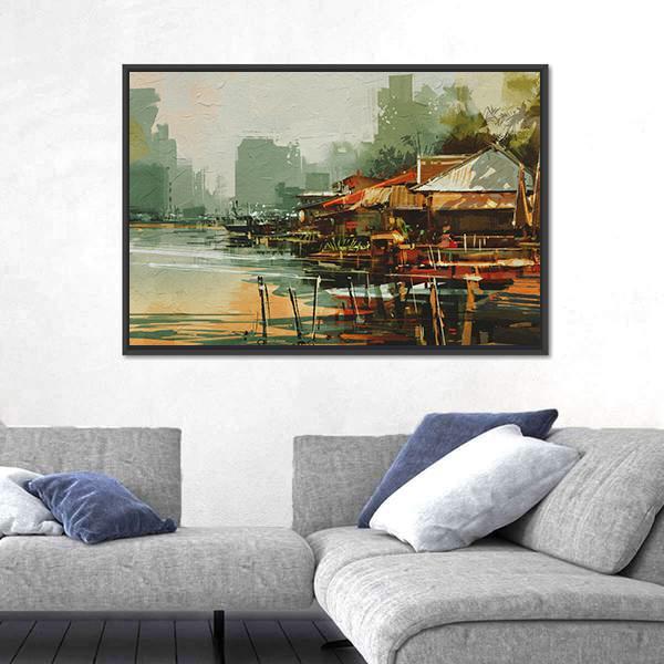 Seascape Painting Showing Old Fishing Village Watercolor Style Canvas Wall Art-3 Horizontal-Gallery Wrap-25" x 16"-Tiaracle