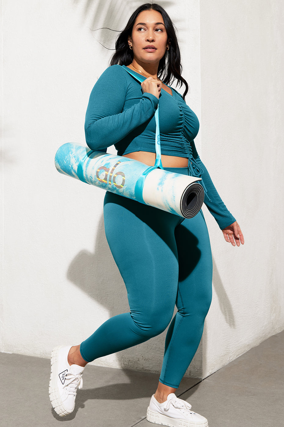 रिब्ड सिनच फसली लंबी आस्तीन - नीला छप