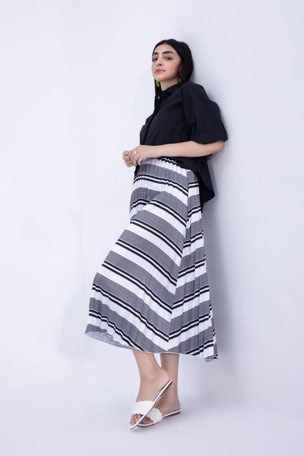 Striped Pleated Satin Skirt