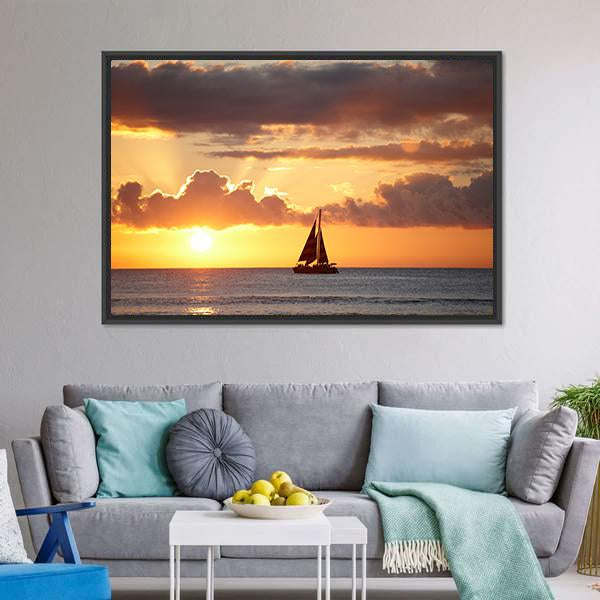 Boat In Ocean At Sunset Canvas Wall Art-1 Piece-Floating Frame-24" x 16"-Tiaracle