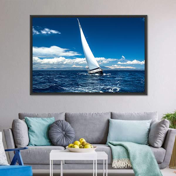 Boat In Sailing Regatta Canvas Wall Art-1 Piece-Floating Frame-24" x 16"-Tiaracle