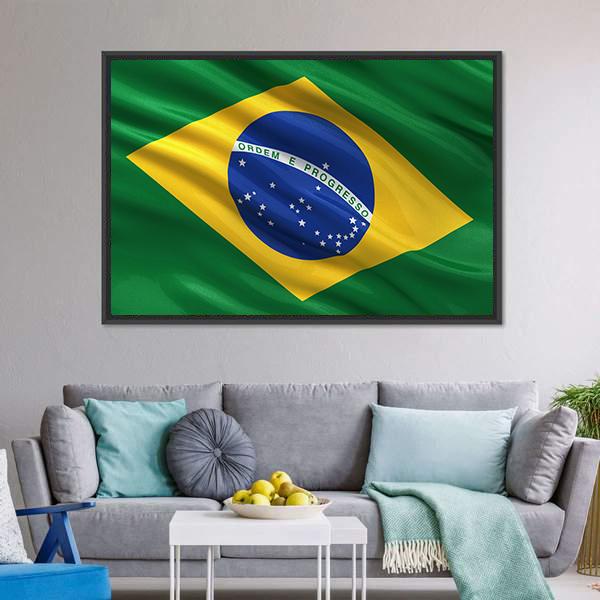 Waving Brazil Flag Canvas Wall Art-1 Piece-Floating Frame-24" x 16"-Tiaracle