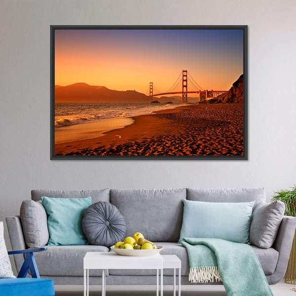 Bridge On Baker Beach Canvas Wall Art-1 Piece-Floating Frame-24" x 16"-Tiaracle