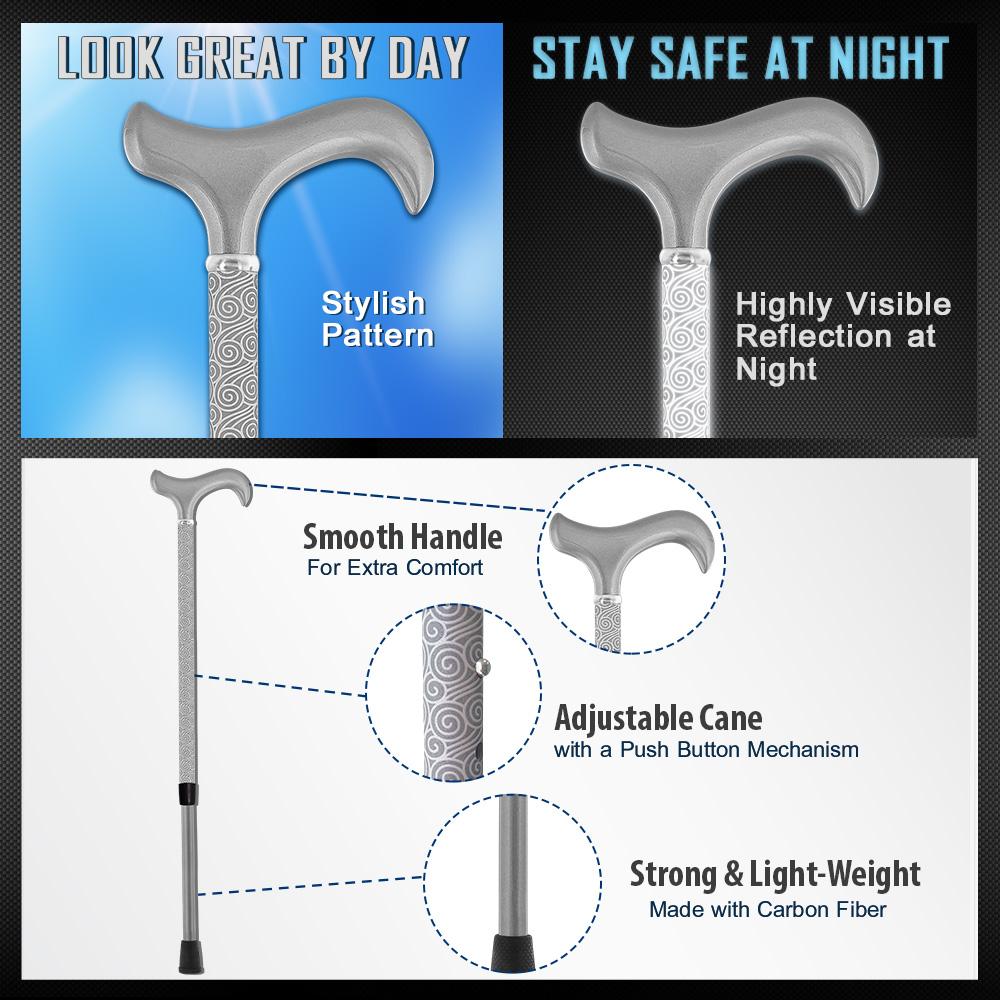 Scratch and Dent Silver Reflective Swirl Pattern Wrapped Adjustable Derby Carbon Fiber Walking Cane V1889