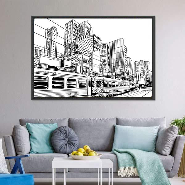China City Sketch Canvas Wall Art-3 Horizontal-Gallery Wrap-25" x 16"-Tiaracle
