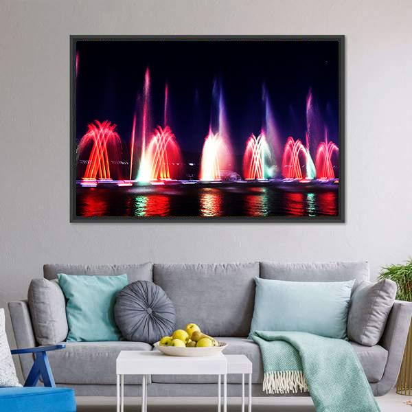 Colorful Fountain At Night Canvas Wall Art-3 Horizontal-Gallery Wrap-25" x 16"-Tiaracle