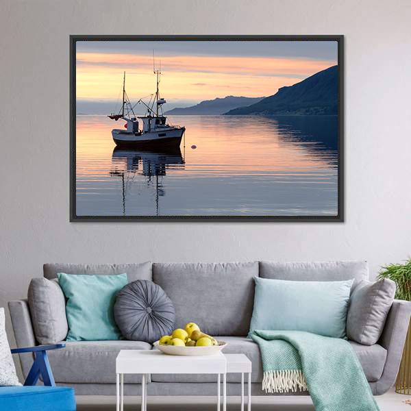 Fishing Boat Lies At Sundown Canvas Wall Art-3 Horizontal-Gallery Wrap-25" x 16"-Tiaracle