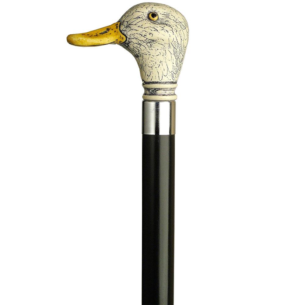 Scratch & Dent Scrimshaw Duck Head Walking Cane With Black Beechwood Shaft and Silver Collar V1447