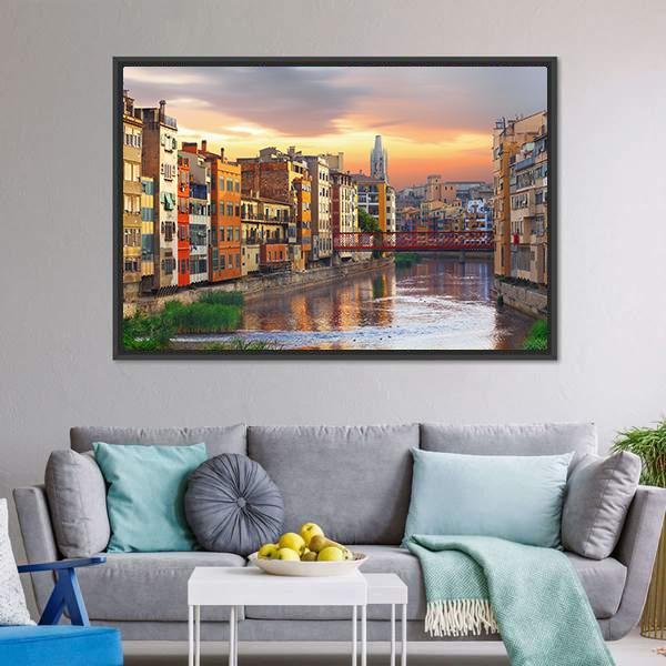 Historical Jewish Quarter In Girona Canvas Wall Art-1 Piece-Floating Frame-24" x 16"-Tiaracle