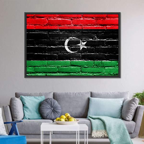 Libya Flag On Brick Wall Canvas Wall Art-3 Horizontal-Gallery Wrap-25" x 16"-Tiaracle