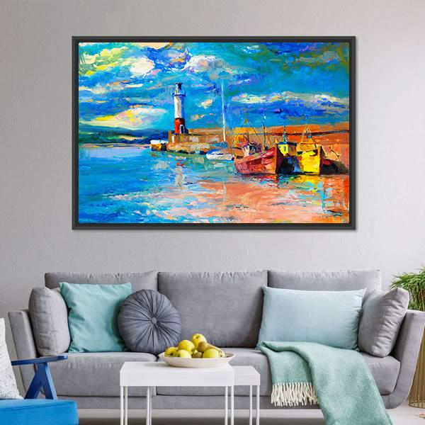 Lighthouse & Boats Abstract Canvas Wall Art-3 Horizontal-Gallery Wrap-25" x 16"-Tiaracle