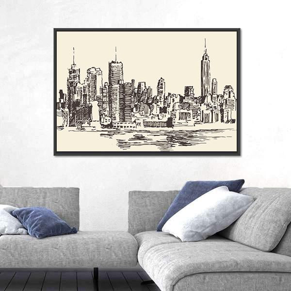 New York City Sketch Canvas Wall Art-3 Horizontal-Gallery Wrap-25" x 16"-Tiaracle