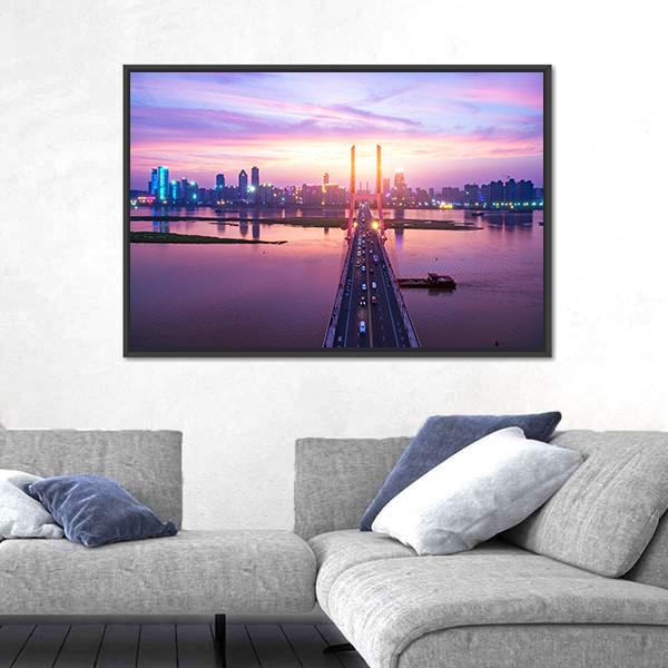 Night Of Modern Bridge Canvas Wall Art-1 Piece-Floating Frame-24" x 16"-Tiaracle
