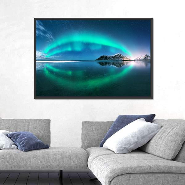 Night Winter Landscape With Aurora Canvas Wall Art-3 Horizontal-Gallery Wrap-25" x 16"-Tiaracle