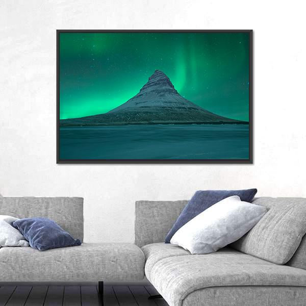 Northern Lights At Mount Kirkjufell Canvas Wall Art-3 Horizontal-Gallery Wrap-25" x 16"-Tiaracle