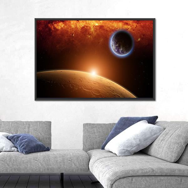 Planets Earth And Mars In Space Red Galaxy Bright Red Sun Canvas Wall Art-3 Horizontal-Gallery Wrap-25" x 16"-Tiaracle