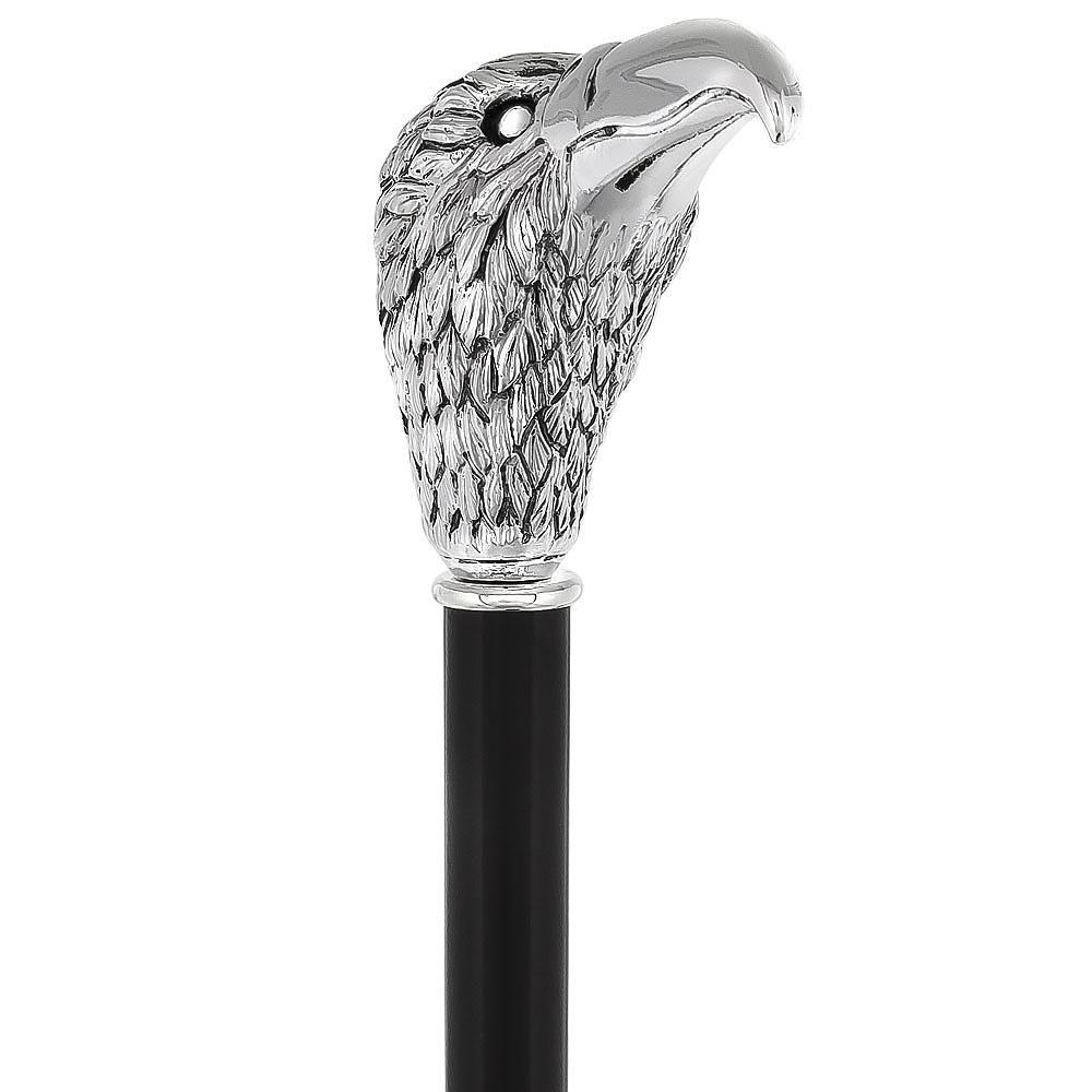 Scratch and Dent Silver 925r Hawk Head Walking Cane with Stained Beechwood Shaft and Collar V1932