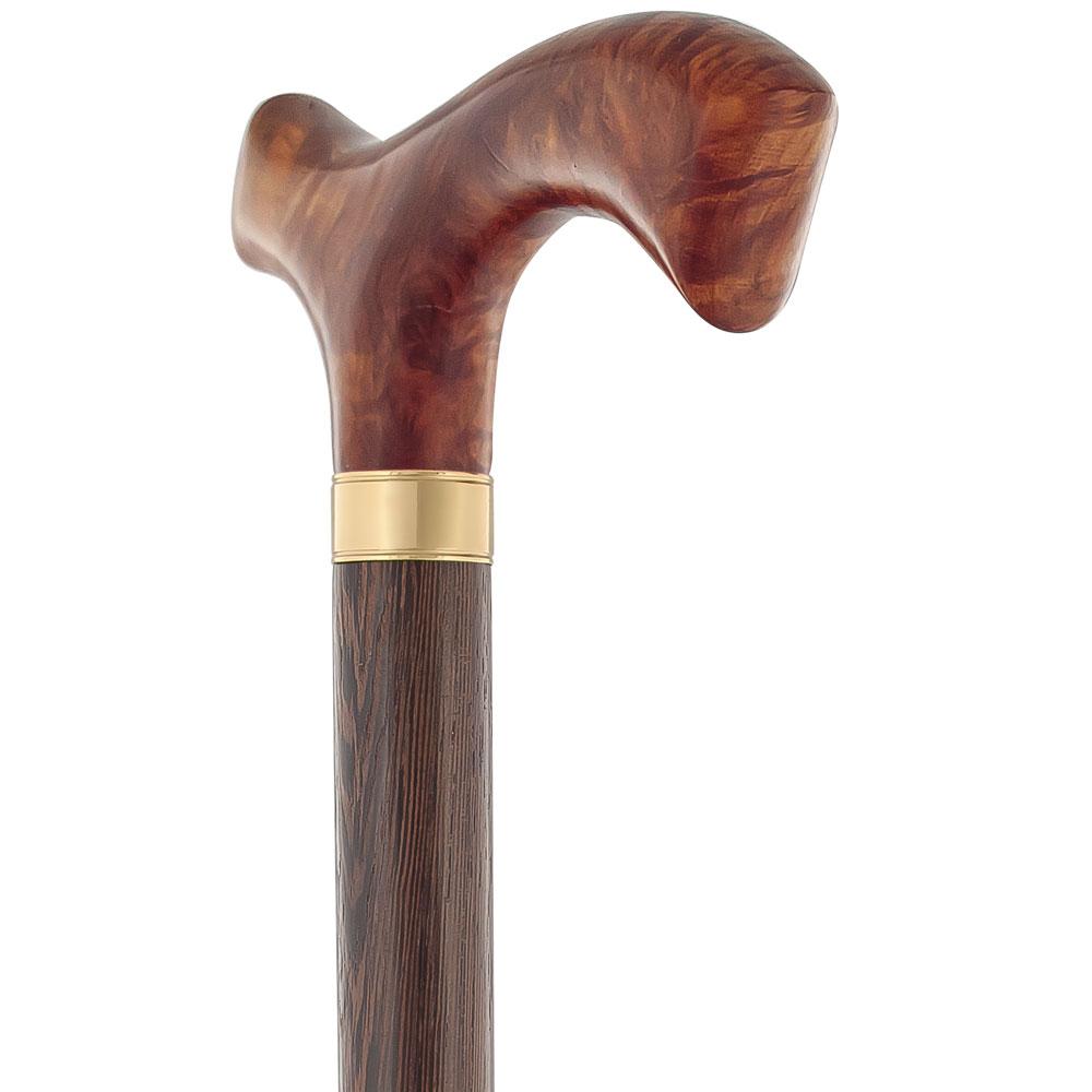 Scratch and Dent Australian Burl Wood Fritz Handle Walking Cane w/ Wenge Shaft & Gold Collar V1923