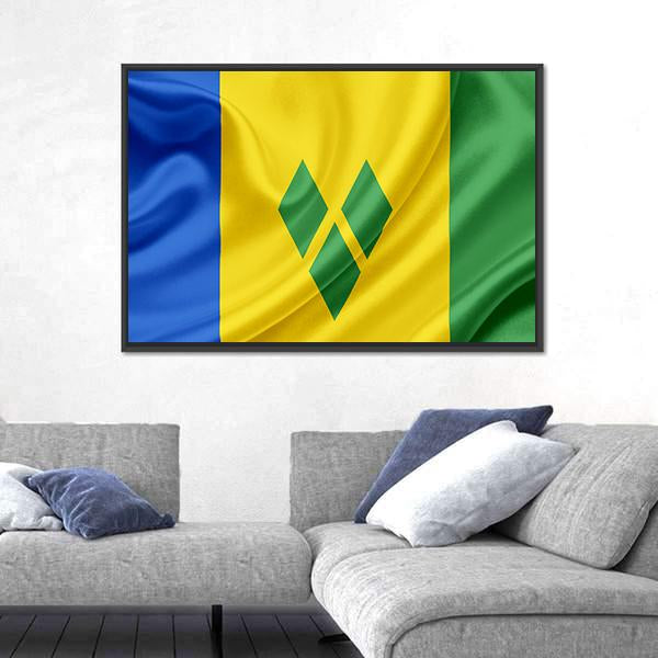 Saint Vincent And Grenadines Waving Flag Canvas Wall Art-3 Horizontal-Gallery Wrap-25" x 16"-Tiaracle