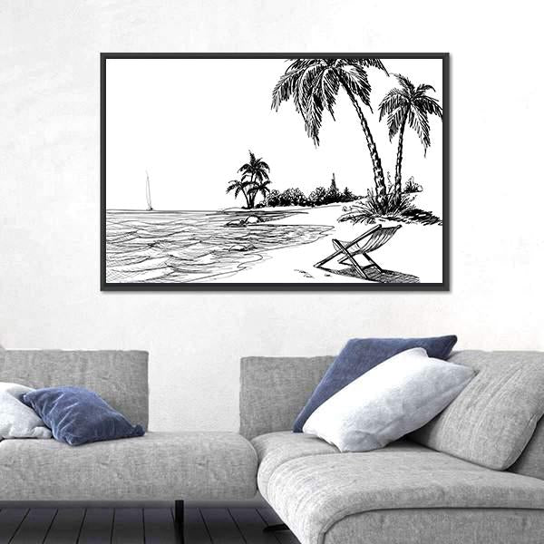 Summer Beach Pencil Drawing Canvas Wall Art-3 Horizontal-Gallery Wrap-25" x 16"-Tiaracle