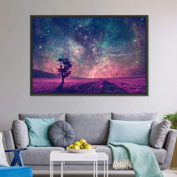 Tree In Purple Field Canvas Wall Art-3 Horizontal-Gallery Wrap-25" x 16"-Tiaracle