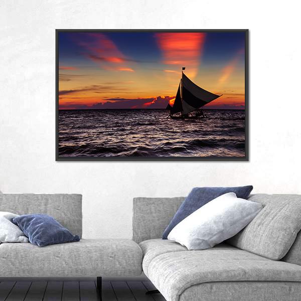 Tropical Sunset With Sailboat Canvas Wall Art-1 Piece-Floating Frame-24" x 16"-Tiaracle