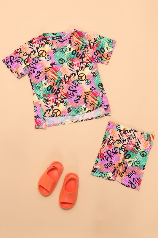 منی پیس کائنات بائیکر شارٹ سیٹ - ارغوانی/طومار