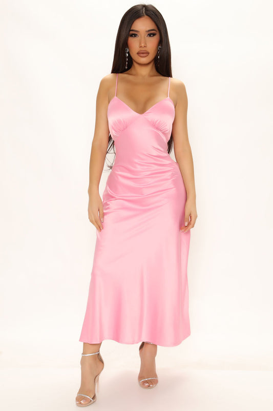 کسی بھی موقع پر ساٹن مڈی لباس - گلابی