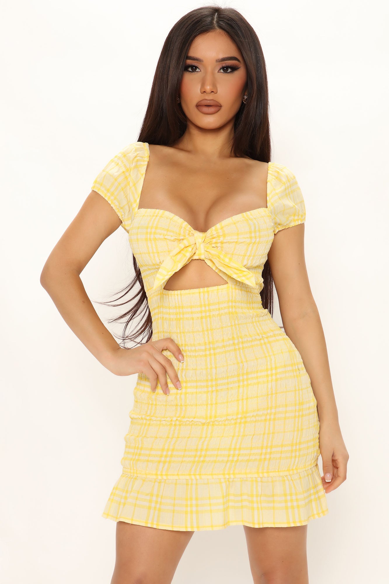 Sonntagnachmittag kariertes Mini -Kleid - Gelb