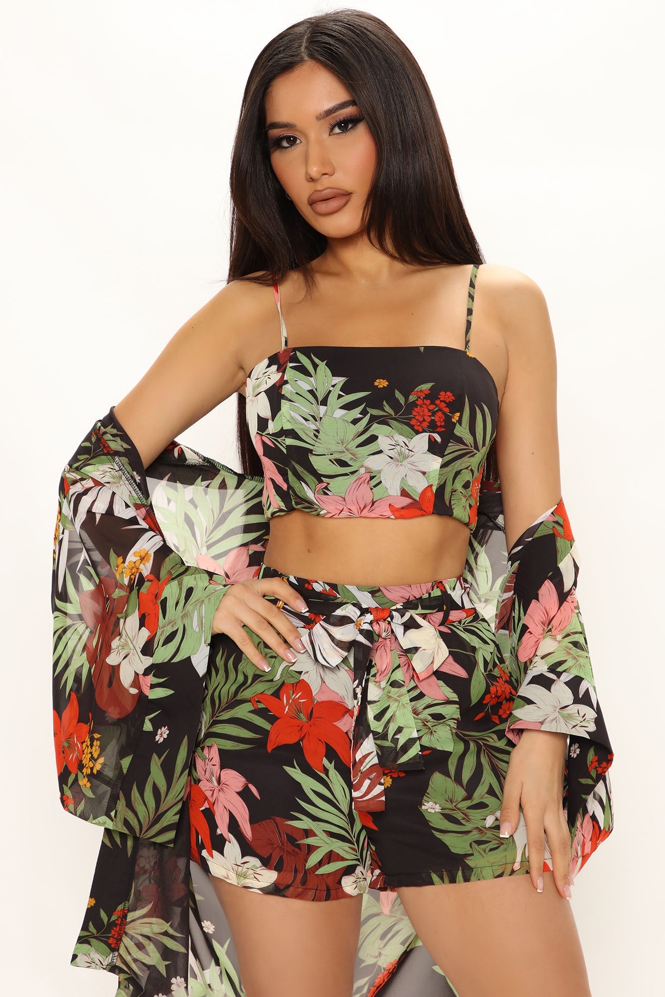 کریسا اشنکٹبندیی 3 ٹکڑا مختصر سیٹ - سیاہ/طومار