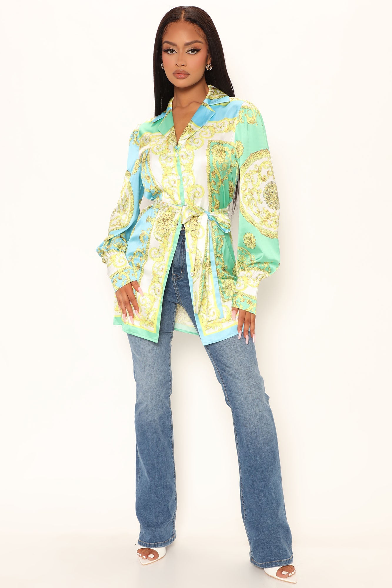 Raya übergroßes Satinhemd - Blau/Kombination