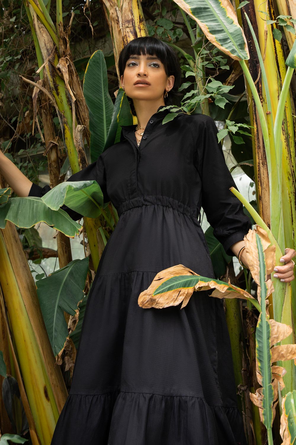 Belted Tier Dress With Collar