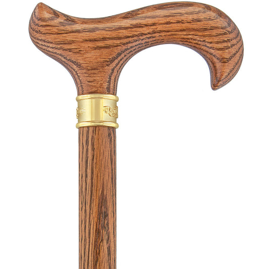 Scratch & Dent Genuine Oak Wood Derby Walking Cane With Oak Shaft And Brass Embossed Collar V1462