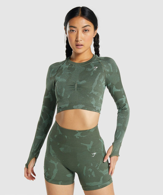 Gymshark Adapt Camo nahtloses Langarm Crop Top - Savanna | Grün