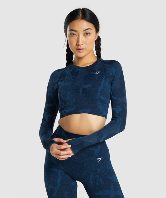 Gymshark Adapt Camo nahtloses Langarm Crop Top - Savanna | Marine