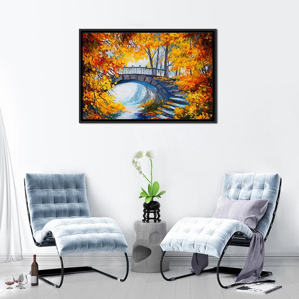 Autumn Forest With Bridge Canvas Wall Art-1 Piece-Floating Frame-24" x 16"-Tiaracle