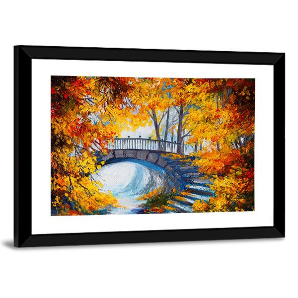 Autumn Forest With Bridge Canvas Wall Art-1 Piece-Framed Print-20" x 16"-Tiaracle